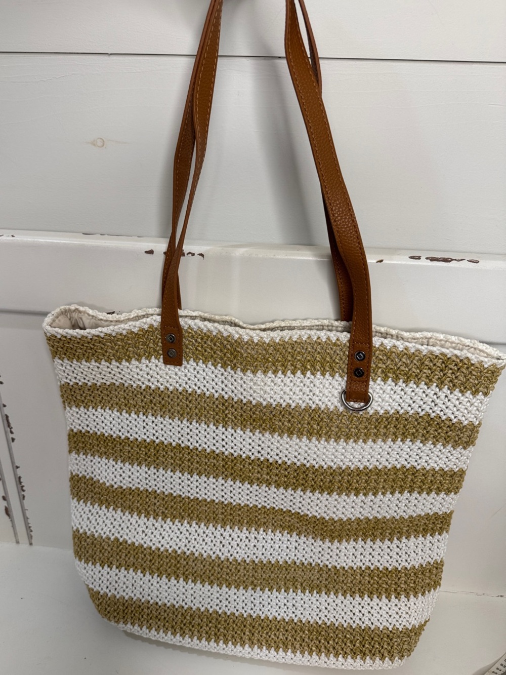 Striped Crochet Tote Bag with Matching Pouch - White & Tan